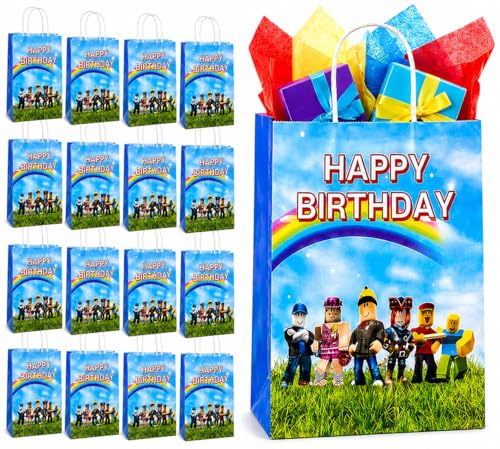 IndoTribe 16 Pcs Game Theme Gift Bags with Handles Goodie Bags Party Favor Bags Paper Bags with Handles for Candies, Treaty, Gifts and Return Gift Pixel Birthday Party Favors Video Game Birthday Party Supplies - Image 1
