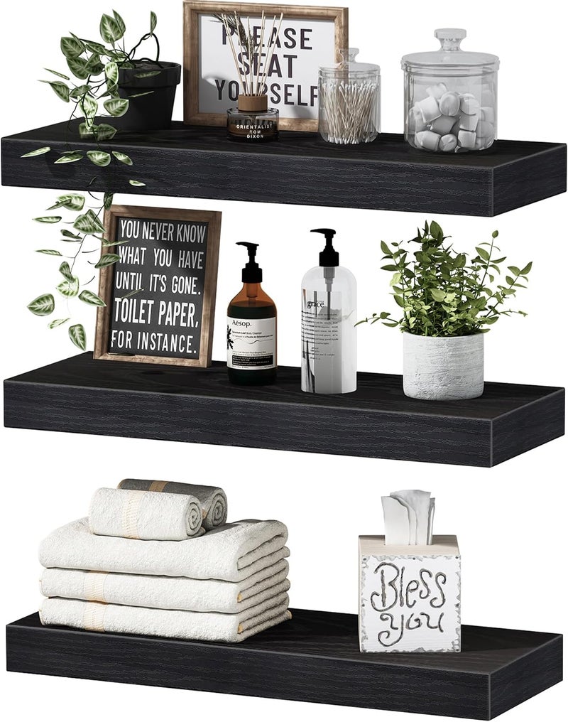 QEEIG Floating Shelves for Wall Bathroom Shelf Bedroom Kitchen Living Room Hanging Book Shelves Small Farmhouse Decor 16 inch Set of 3, Black (015-B3) - Image 1