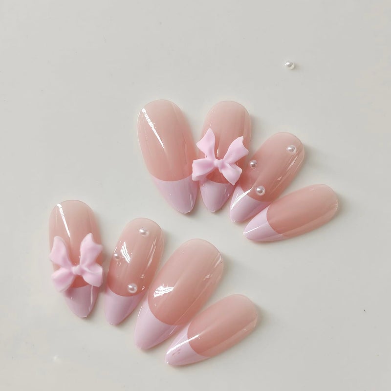 GRITOSE 24Pcs Pink French Tip Press on Nails Short Almond Fake Nails with 3D Bow Pearl Design Pink Full Cover False Nails Reusable Almond Nails Press ons Artificial Glue on Nail Cute Bow Nail for Women Girls - Image 5
