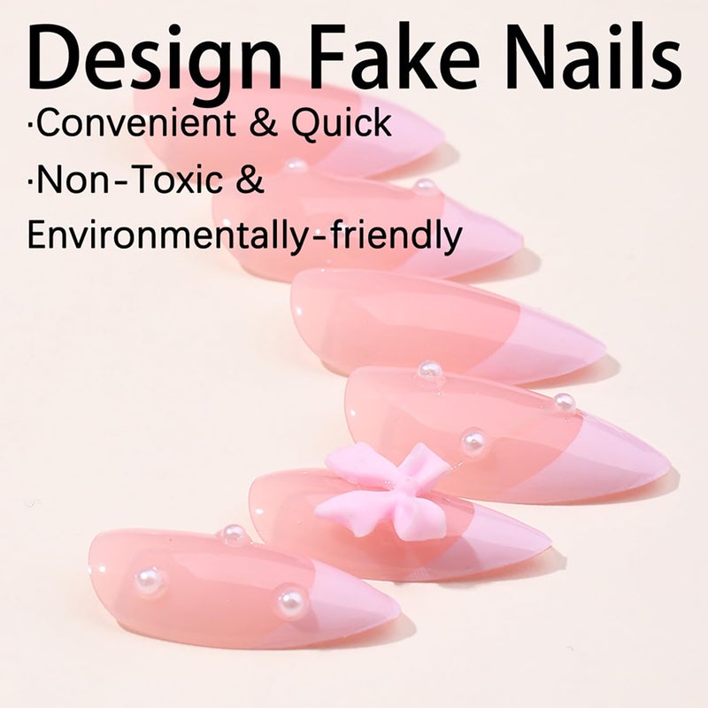 GRITOSE 24Pcs Pink French Tip Press on Nails Short Almond Fake Nails with 3D Bow Pearl Design Pink Full Cover False Nails Reusable Almond Nails Press ons Artificial Glue on Nail Cute Bow Nail for Women Girls - Image 4