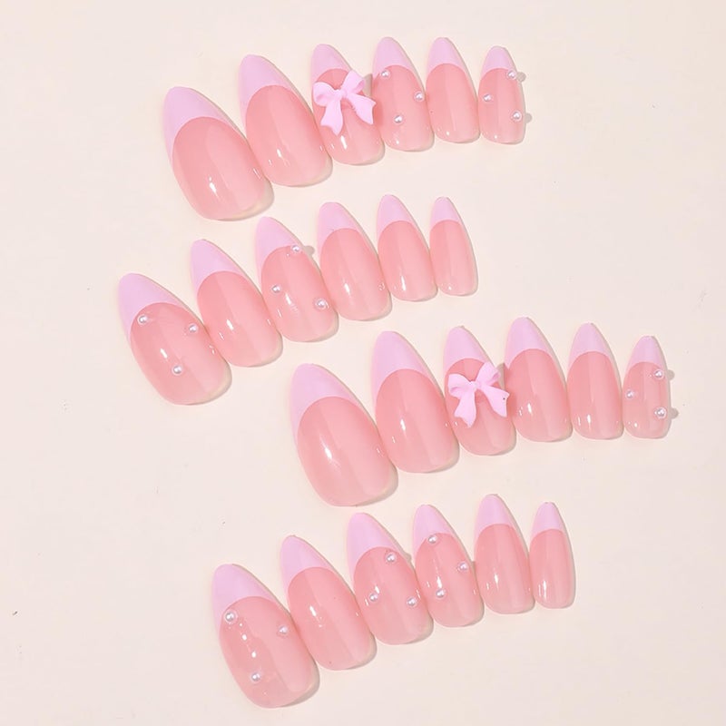 GRITOSE 24Pcs Pink French Tip Press on Nails Short Almond Fake Nails with 3D Bow Pearl Design Pink Full Cover False Nails Reusable Almond Nails Press ons Artificial Glue on Nail Cute Bow Nail for Women Girls - Image 3
