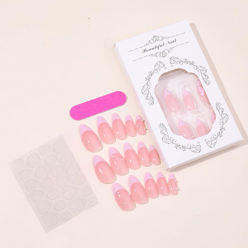 GRITOSE 24Pcs Pink French Tip Press on Nails Short Almond Fake Nails with 3D Bow Pearl Design Pink Full Cover False Nails Reusable Almond Nails Press ons Artificial Glue on Nail Cute Bow Nail for Women Girls - Image 2