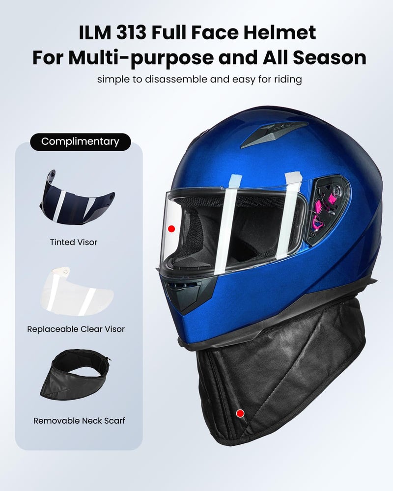ILM Full Face Motorcycle Street Bike Helmet with Removable Winter Neck Scarf + 2 Visors DOT Model-JK313 (S, Blue) - Image 2