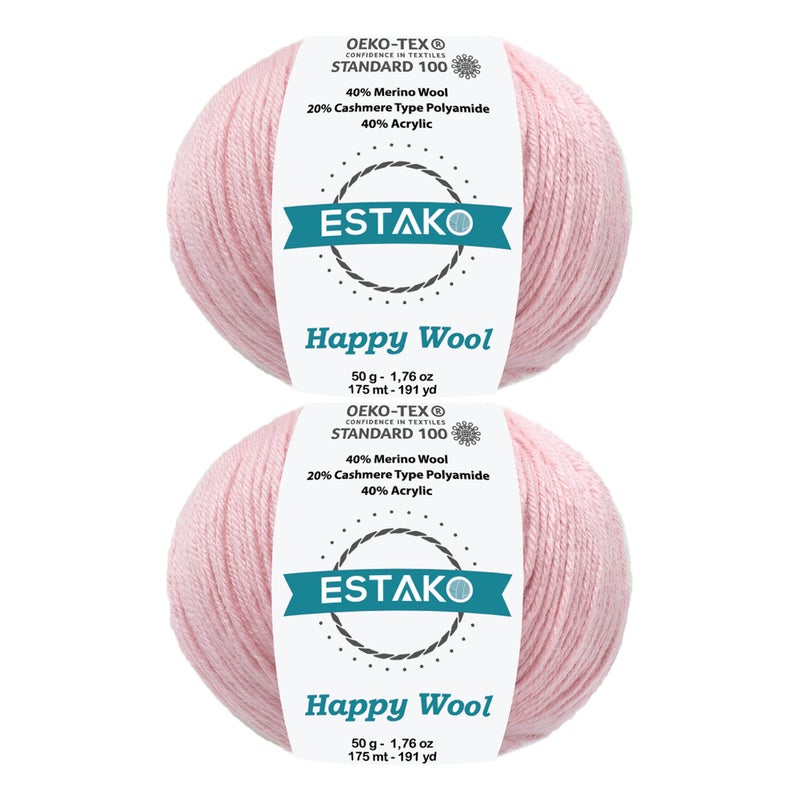 Estako Happy Wool (2 Skeins Pack) 40% Merino Wool 20% Cashmere Type Polyamide 40% Acyrlic Fingering Weight Soft Knitting and Crochet Yarn (2 x 1.76 oz) (2 x 191 yds) (8036 - Baby Pink) - Image 1