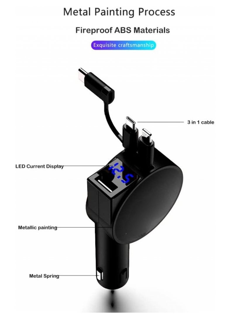 general USB 2 Retractable Cables and USB Port Car Charger Adapter, Fast Charge 60W, Compatible with iPhone & Android Cell Phones, Black - Image 2