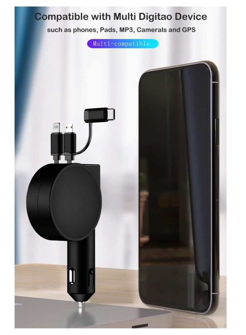 general USB 2 Retractable Cables and USB Port Car Charger Adapter, Fast Charge 60W, Compatible with iPhone & Android Cell Phones, Black - Image 4