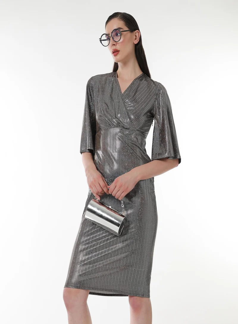 PINACOLADA Metallic-Chevron Wrap Dress For Casual Wear | V Neck | Quarter Sleeves | Pull On Closure | Dress Designed With Comfortable Fit For Woman & Girls