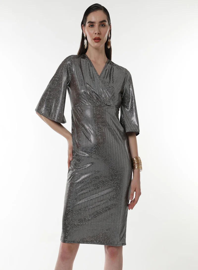 PINACOLADA Metallic-Chevron Wrap Dress For Casual Wear | V Neck | Quarter Sleeves | Pull On Closure | Dress Designed With Comfortable Fit For Woman & Girls
