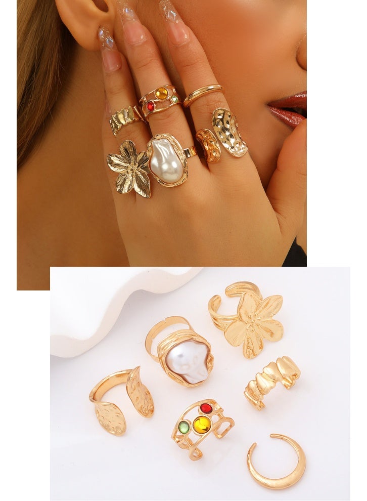 6 Pieces Baroque Style Adjustable Ring Set,Faux Pearl&Gemstone Statement Rings, Vintage Fashion Jewelry - Image 2