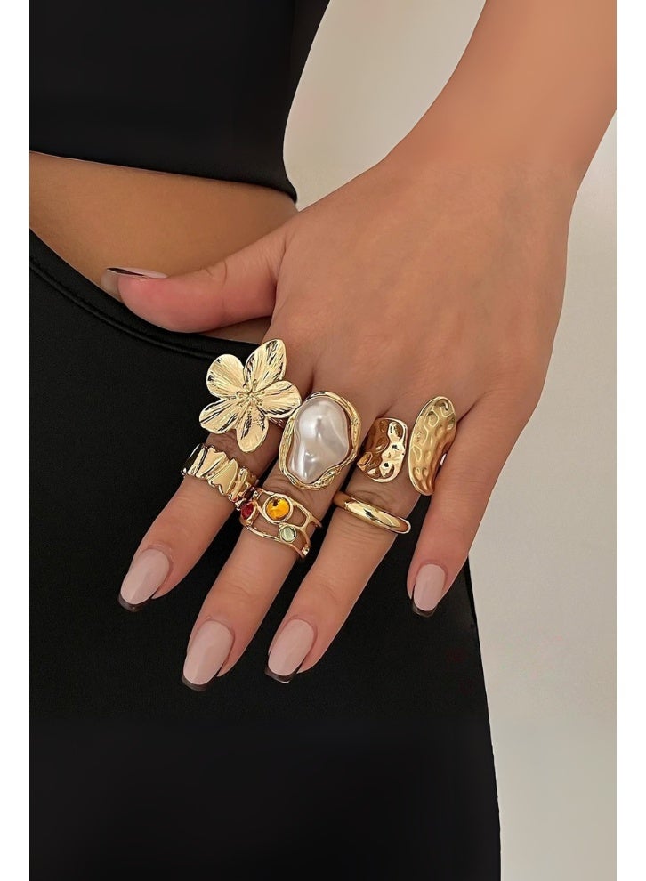 6 Pieces Baroque Style Adjustable Ring Set,Faux Pearl&Gemstone Statement Rings, Vintage Fashion Jewelry - Image 1