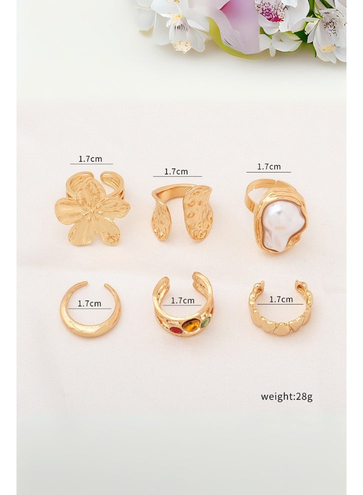 6 Pieces Baroque Style Adjustable Ring Set,Faux Pearl&Gemstone Statement Rings, Vintage Fashion Jewelry - Image 3