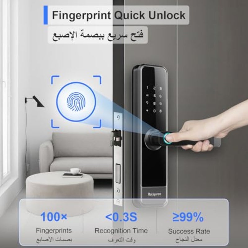 قفل باب ذكي مع نقر 4585 مع طرق فتح 5 في 1، تطبيق Tuya Wi-Fi، بصمة الإصبع، رمز المرور، 7 * بطاقات ومفتاح ميكانيكي M305Tuya Wi-Fi، أسود - Image 3
