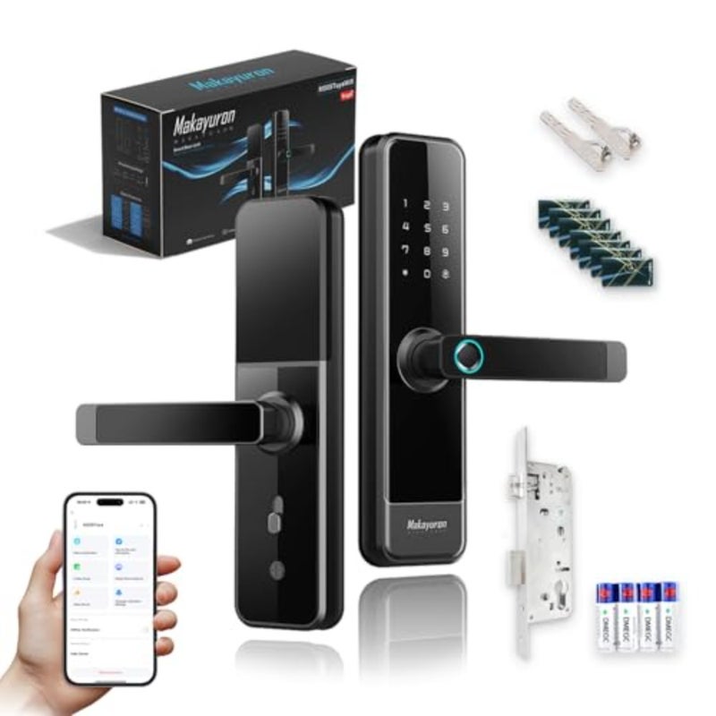 قفل باب ذكي مع نقر 4585 مع طرق فتح 5 في 1، تطبيق Tuya Wi-Fi، بصمة الإصبع، رمز المرور، 7 * بطاقات ومفتاح ميكانيكي M305Tuya Wi-Fi، أسود - Image 1