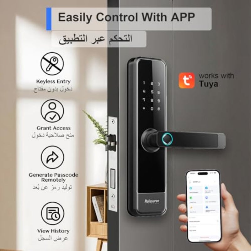 قفل باب ذكي مع نقر 4585 مع طرق فتح 5 في 1، تطبيق Tuya Wi-Fi، بصمة الإصبع، رمز المرور، 7 * بطاقات ومفتاح ميكانيكي M305Tuya Wi-Fi، أسود - Image 5