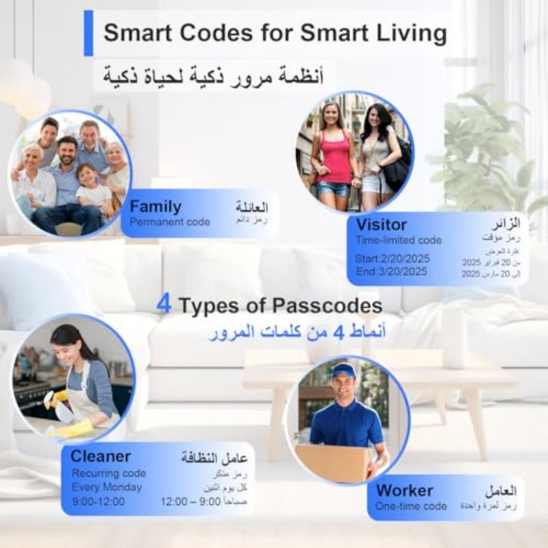 قفل باب ذكي مع نقر 4585 مع طرق فتح 5 في 1، تطبيق Tuya Wi-Fi، بصمة الإصبع، رمز المرور، 7 * بطاقات ومفتاح ميكانيكي M305Tuya Wi-Fi، أسود - Image 4
