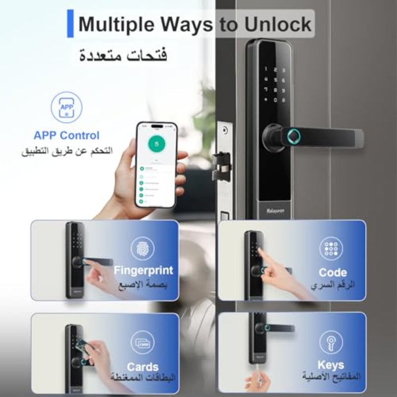 قفل باب ذكي مع نقر 4585 مع طرق فتح 5 في 1، تطبيق Tuya Wi-Fi، بصمة الإصبع، رمز المرور، 7 * بطاقات ومفتاح ميكانيكي M305Tuya Wi-Fi، أسود - Image 2