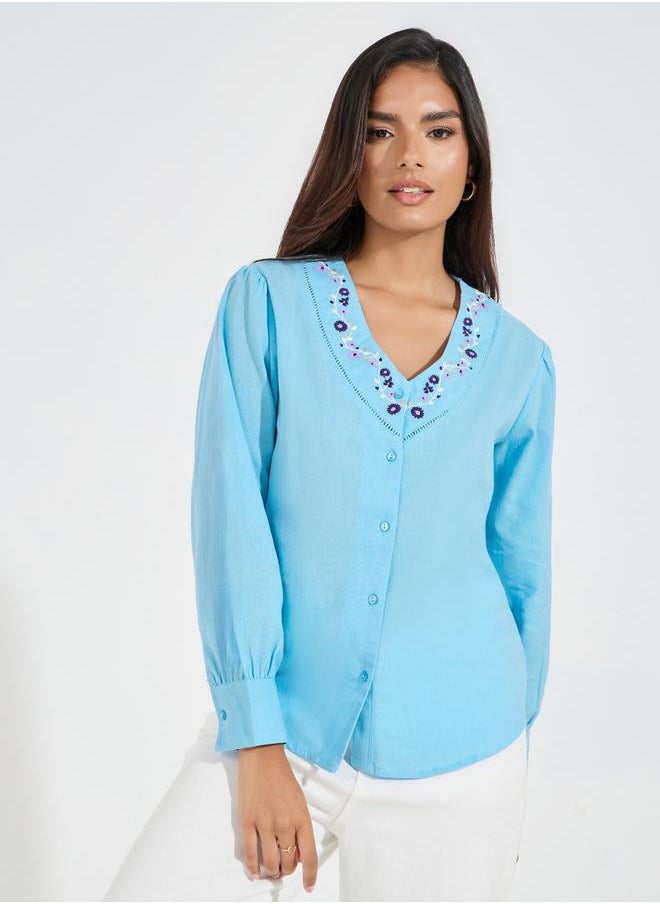 Styli - Embroidered V Neck Buttoned Down Blouse - Image 1