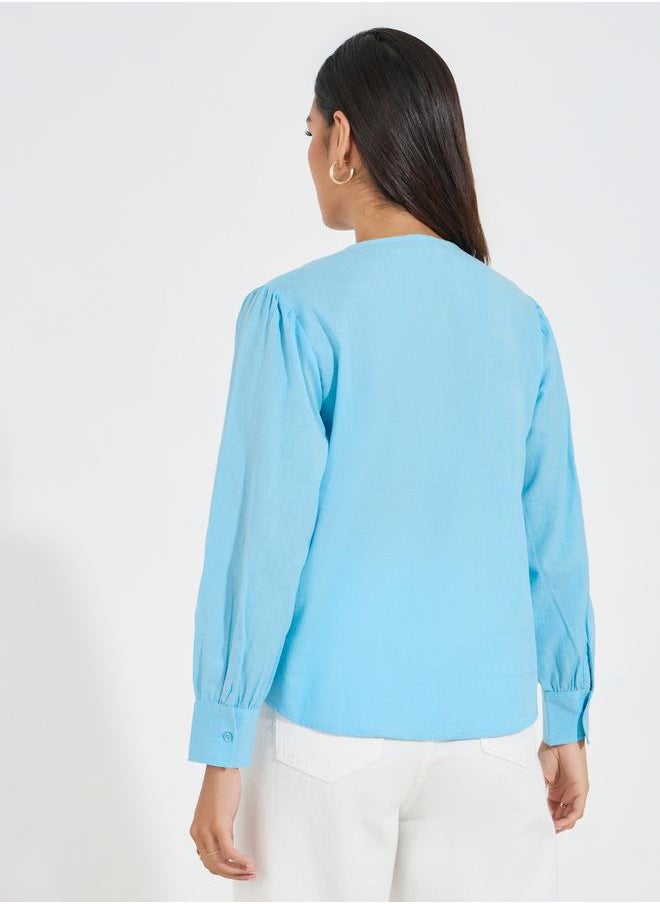 Styli - Embroidered V Neck Buttoned Down Blouse - Image 1