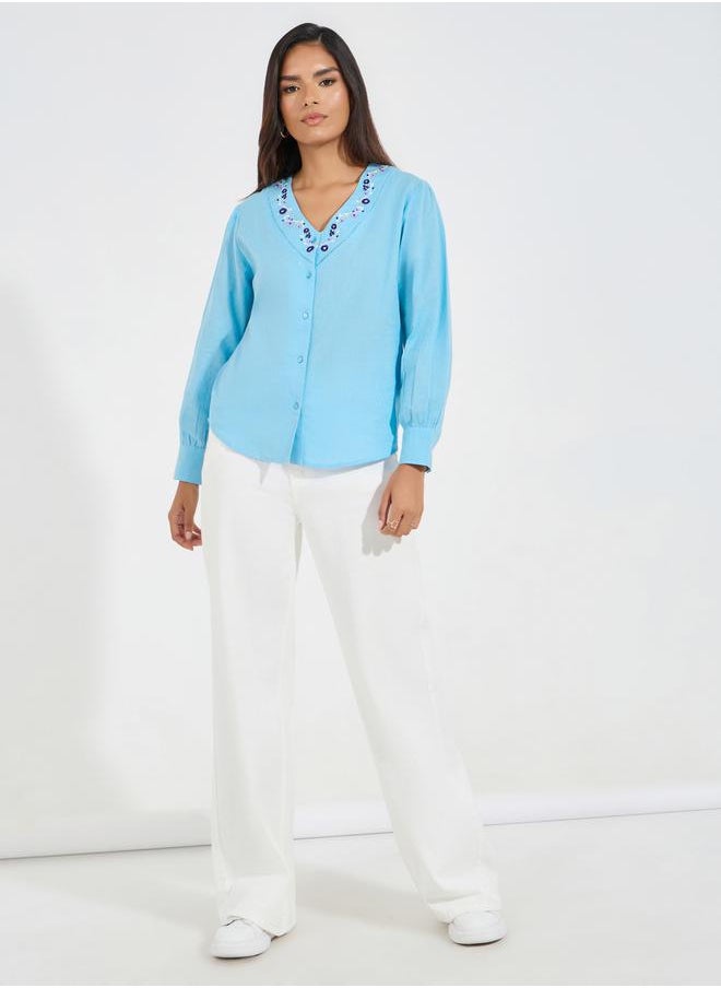Styli - Embroidered V Neck Buttoned Down Blouse - Image 1