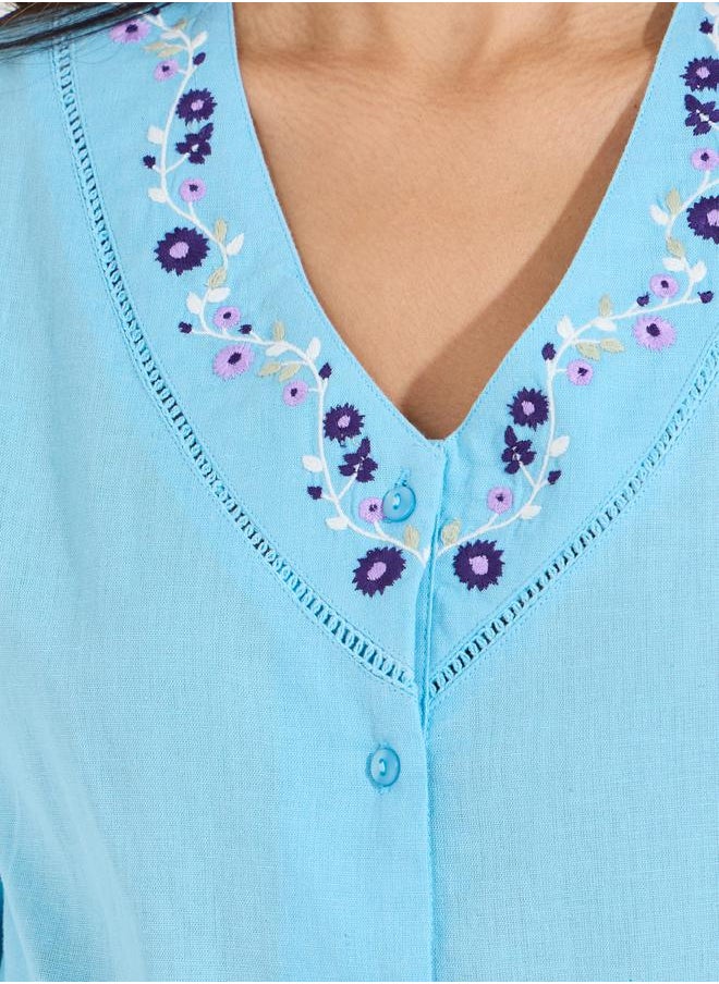 Styli - Embroidered V Neck Buttoned Down Blouse - Image 1
