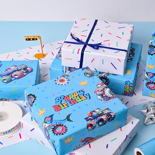 Vnaaem Reversible Monster Truck Birthday Wrapping Paper Roll for Boys Kids - Blue Shark Monster Truck & Colorful Confetti Design Gift Wrap for Holiday Baby Shower DIY Craft Party - 17 in x 20 ft(Total 28.5sq.ft) - Image 5