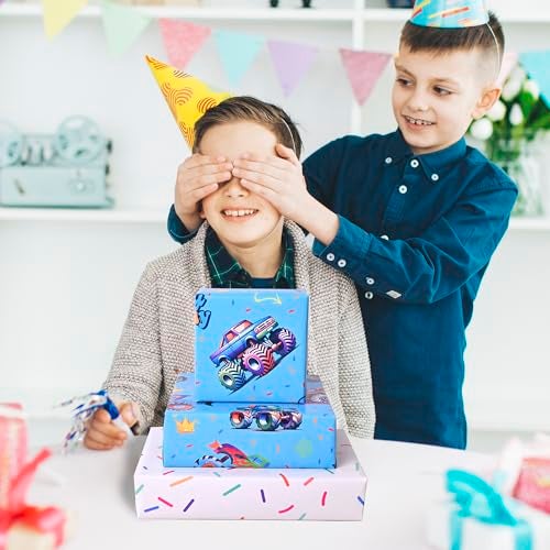Vnaaem Reversible Monster Truck Birthday Wrapping Paper Roll for Boys Kids - Blue Shark Monster Truck & Colorful Confetti Design Gift Wrap for Holiday Baby Shower DIY Craft Party - 17 in x 20 ft(Total 28.5sq.ft) - Image 3