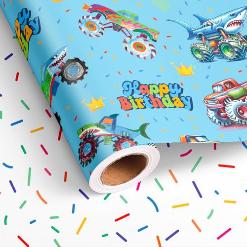 Vnaaem Reversible Monster Truck Birthday Wrapping Paper Roll for Boys Kids - Blue Shark Monster Truck & Colorful Confetti Design Gift Wrap for Holiday Baby Shower DIY Craft Party - 17 in x 20 ft(Total 28.5sq.ft) - Image 1
