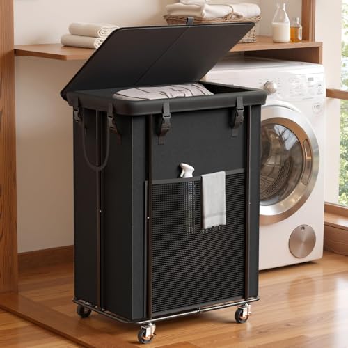 Olldide 220L Laundry Hamper with Lid, Rolling Laundry Basket with Wheels, Large & Tall Dirty Clothes Hamper with Metal Frame and Removable Bag for Bedroom Aesthetic, Laundry Room, Bathroom, Dorm - Image 1