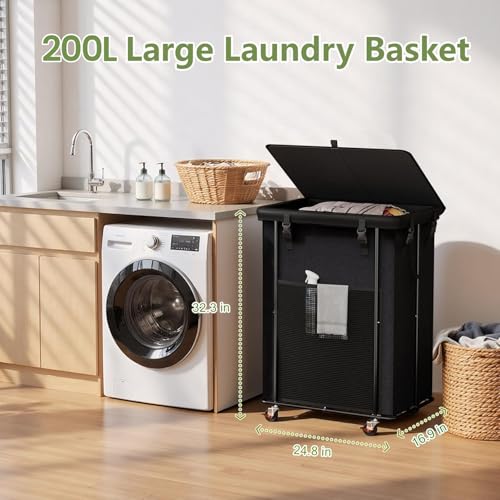 Olldide 220L Laundry Hamper with Lid, Rolling Laundry Basket with Wheels, Large & Tall Dirty Clothes Hamper with Metal Frame and Removable Bag for Bedroom Aesthetic, Laundry Room, Bathroom, Dorm - Image 2
