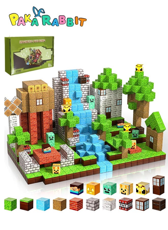 Paka Rabbit High-Strength Magnetic Building Blocks - 100 Pieces Magnetic Building Blocks Magnet Cube Toys Stacking, Build a Forest World Set, STEM Montessori Sensory Toys for 3 4 5 6 7 8 9 10 Boys Girls Birthday Gift - Image 1