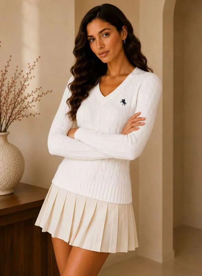 Take Two White V-Neck Cable Knit Pullover