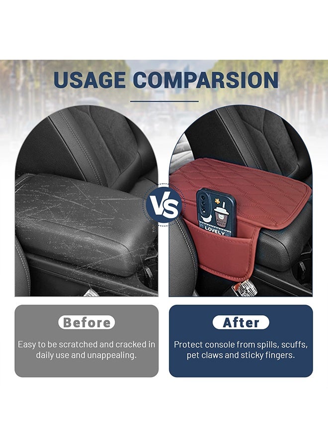 1 Pc Red Leather Car Center Console Cover with Side Pockets, Protective Armrest Cushion Pad, Universal Interior Accessory for Most Vehicles - Image 4