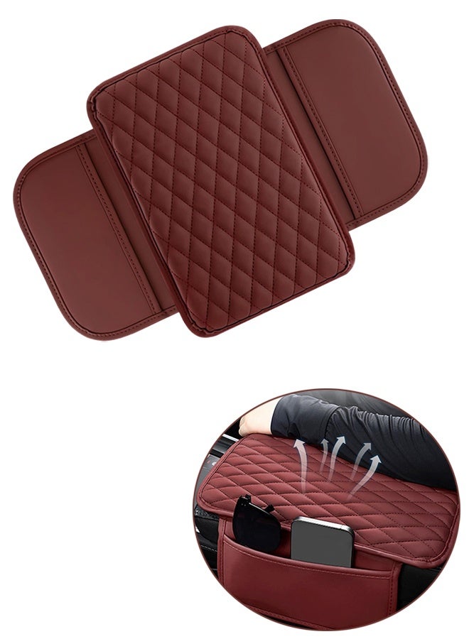 1 Pc Red Leather Car Center Console Cover with Side Pockets, Protective Armrest Cushion Pad, Universal Interior Accessory for Most Vehicles - Image 1