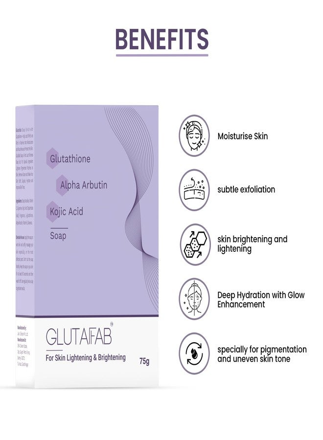GLUTAFAB صابون جلوتافاب لتفتيح البشرة، صابون الجلوتاثيون مع حمض الكوجيك، ألفا أربوتين، فيتامينات سي وإي للتصبغات، البقع الداكنة، عدم توحد لون البشرة وإزالة خلايا الجلد الميتة، 75 جم (عبوة من 3 قطع) - Image 3