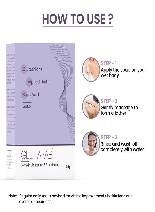 GLUTAFAB صابون جلوتافاب لتفتيح البشرة، صابون الجلوتاثيون مع حمض الكوجيك، ألفا أربوتين، فيتامينات سي وإي للتصبغات، البقع الداكنة، عدم توحد لون البشرة وإزالة خلايا الجلد الميتة، 75 جم (عبوة من 3 قطع) - Image 4