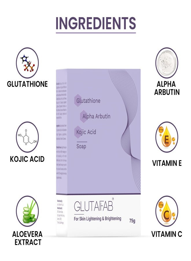 GLUTAFAB صابون جلوتافاب لتفتيح البشرة، صابون الجلوتاثيون مع حمض الكوجيك، ألفا أربوتين، فيتامينات سي وإي للتصبغات، البقع الداكنة، عدم توحد لون البشرة وإزالة خلايا الجلد الميتة، 75 جم (عبوة من 3 قطع) - Image 2