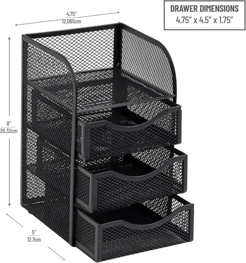 Mind Reader Mini Desk Supplies Office Supplies Organizer, 3 Drawers, 1 Top Shelf, Black - Image 3