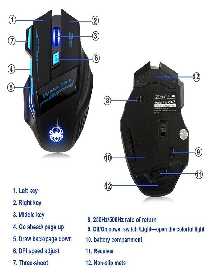 ZELOTES ماوس ألعاب لاسلكي احترافي زيلوتس F14 LED أزرق 2400 DPI USB 2.4G للابتوب، سطح المكتب، الكمبيوتر الشخصي، ماك بوك (أسود) - Image 2