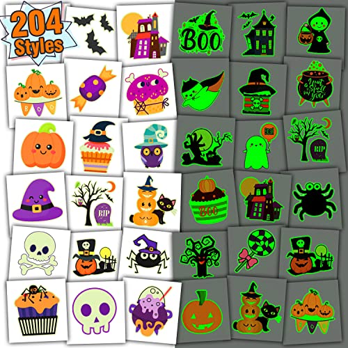 Partywind 204 PCS Individually Wrapped Sheets Glow Halloween Tattoos for Kids Party Decorations Luminous PumpkinCandyGhost Tattoo Stickers Kids Halloween Treats Party Supplies