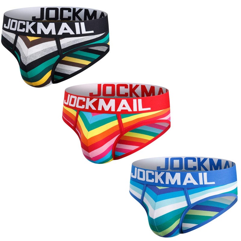 JOCKMAIL 3PCS/Pack Men Briefs Underwear Cotton Mens Rainbow Stripe Underwear Briefs Comfortable Underpants (Large) - Image 1