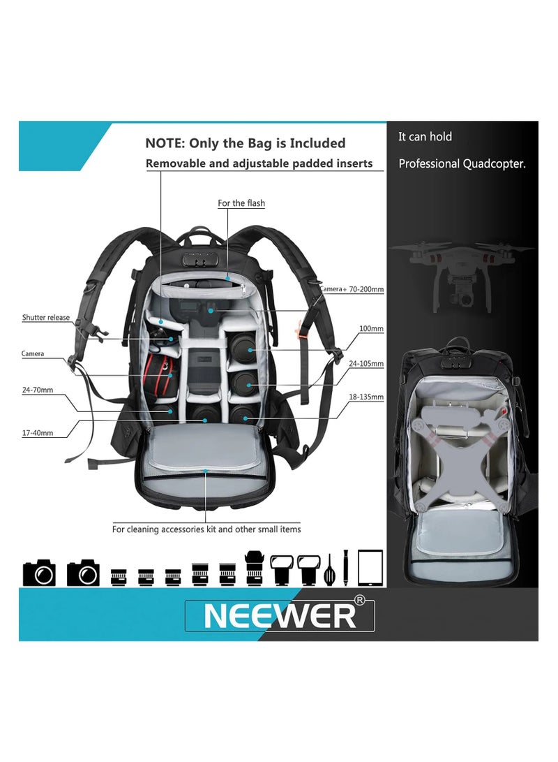 Neewer Adjustable Padded Waterproof Shockproof Camera Backpack with Anti-Theft Lock for DSLR, DJI Phantom Drones, Tripods, Lenses, and Accessories - Image 3