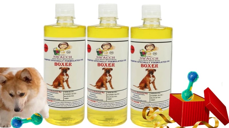 swacch Boxer Dog Shampoo + Dumbbell Toy I Durable Rubber Dog Toy for Chewing I Playing,Teeth Cleaning & Training Toy I Combo Pack I 500ml Pack of 3 Lemon - Image 1