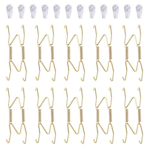 Fasunry 10 Piece Plate Hangers, 4 Inch Invisible Brass Wall Plate Hangers, Comes with 12 Piece Wall Hooks for Decorative Plates - Image 1