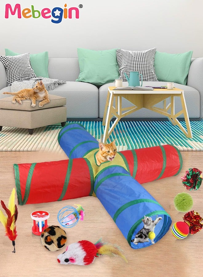 MEBEGIN 21PCS Cat Tunnel Set with Cat Teaser Stick, Cat Balls, Feather Toys and Other Cat toys, 4 Way Collapsible Cat Play Tunnel, Funny Interactive Cat Toys, Various Cat Enrichment Toys, Soft Safe Cat Toys - Image 2