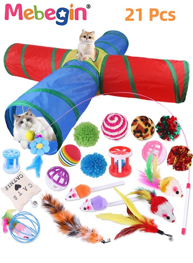 MEBEGIN 21PCS Cat Tunnel Set with Cat Teaser Stick, Cat Balls, Feather Toys and Other Cat toys, 4 Way Collapsible Cat Play Tunnel, Funny Interactive Cat Toys, Various Cat Enrichment Toys, Soft Safe Cat Toys - Image 1