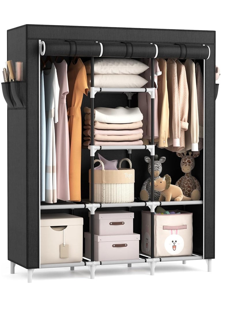 VTRN Large Capacity Portable Closet with 2 Hanging Rods and 8 Storage Shelves, Sturdy Freestanding Clothes Hanging Closet with Side Pockets, Black