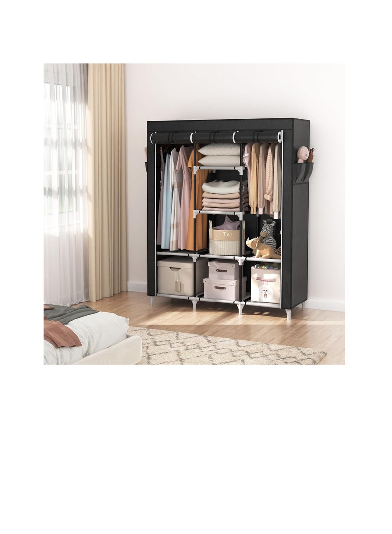 VTRN Large Capacity Portable Closet with 2 Hanging Rods and 8 Storage Shelves, Sturdy Freestanding Clothes Hanging Closet with Side Pockets, Black