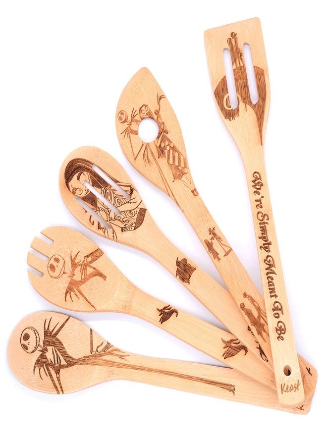 Keast 5Pcs Bamboo Spatula Spoon Set, The Nightmare and Christmas Nonstick Spatulas and Spoons Kitchen Christmas Decoration, Wood Kitchen Utensil Set Valentine's Day Gift Christmas Gift - Image 1