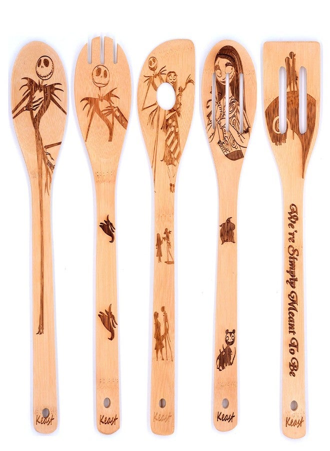 Keast 5Pcs Bamboo Spatula Spoon Set, The Nightmare and Christmas Nonstick Spatulas and Spoons Kitchen Christmas Decoration, Wood Kitchen Utensil Set Valentine's Day Gift Christmas Gift - Image 2
