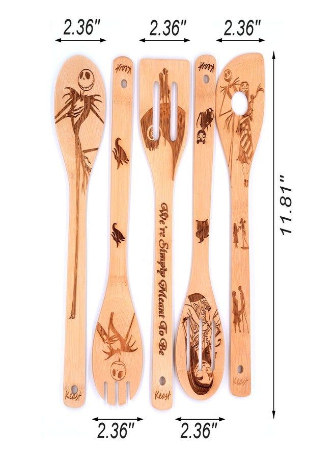 Keast 5Pcs Bamboo Spatula Spoon Set, The Nightmare and Christmas Nonstick Spatulas and Spoons Kitchen Christmas Decoration, Wood Kitchen Utensil Set Valentine's Day Gift Christmas Gift - Image 3